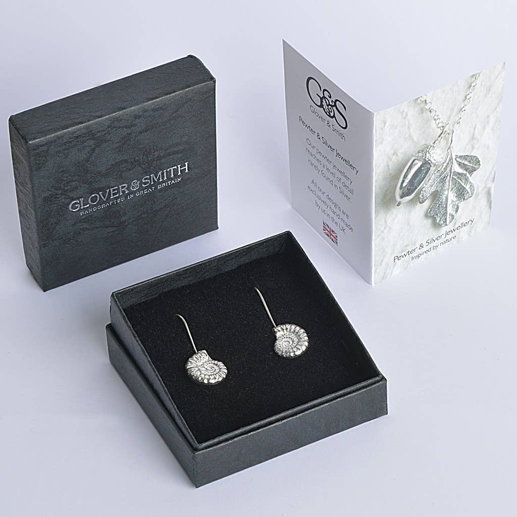 Pewter & sterling silver ammonite drop earrings