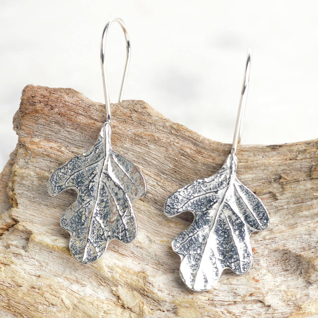 Pewter & sterling silver oak leaf drop earrings