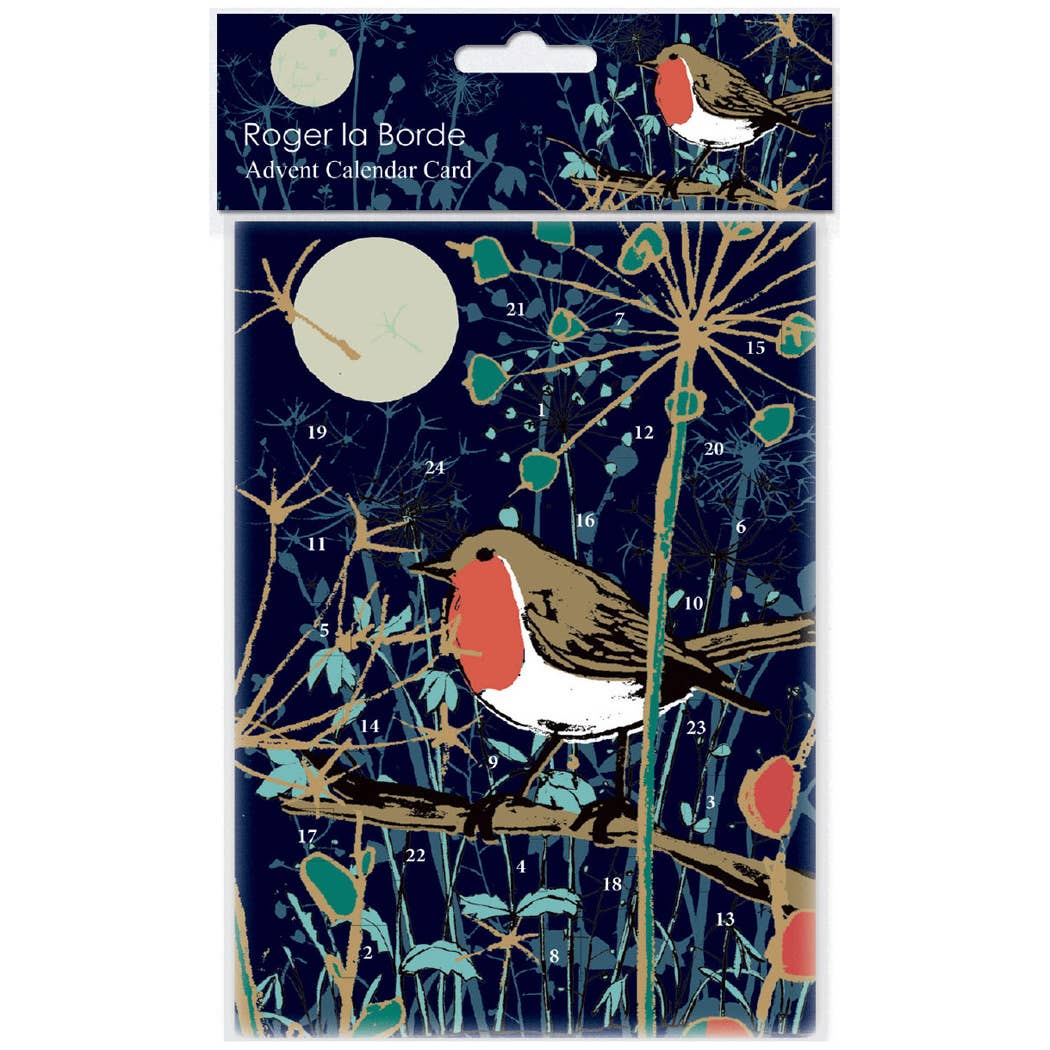 Roger la Borde advent calendar card with a robin design on a dark blue background