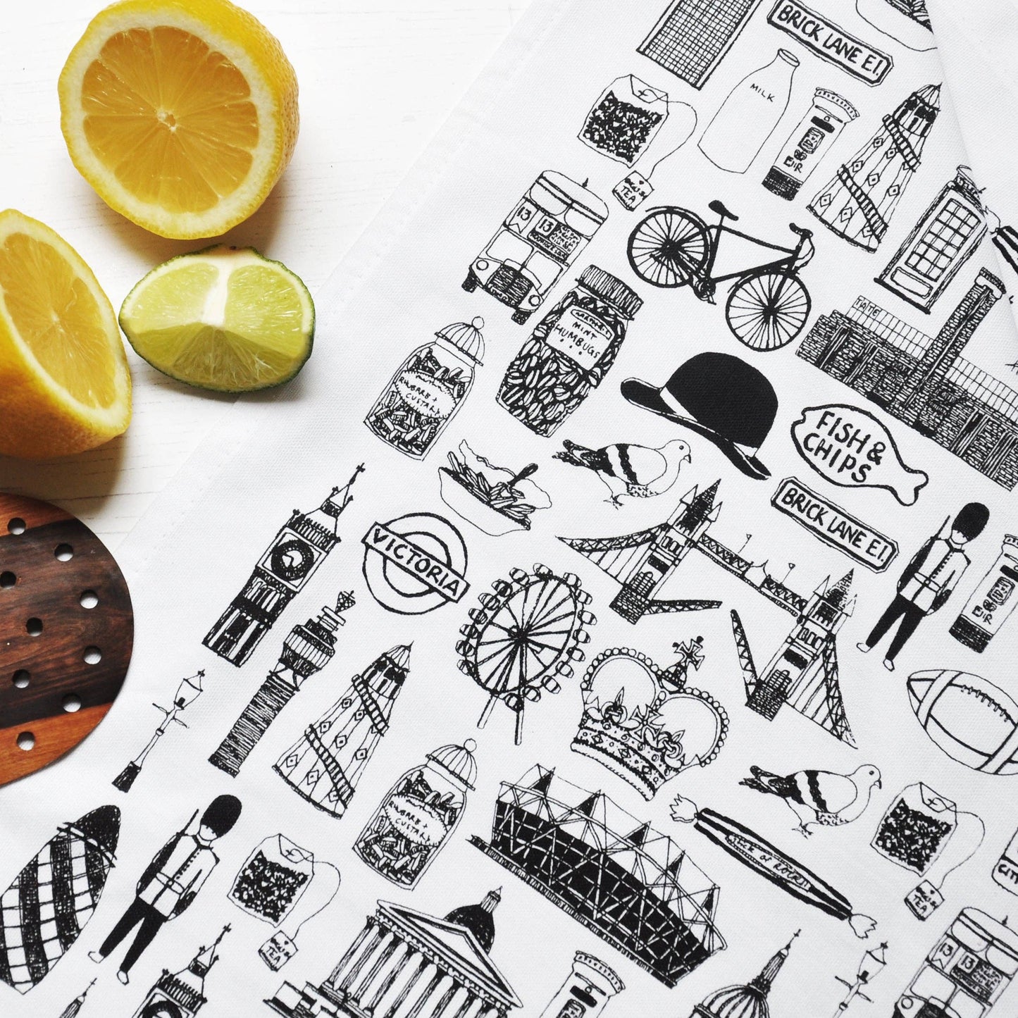 British icons black & white tea towel