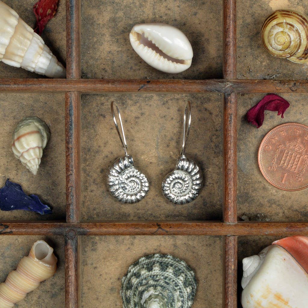 Pewter & sterling silver ammonite drop earrings
