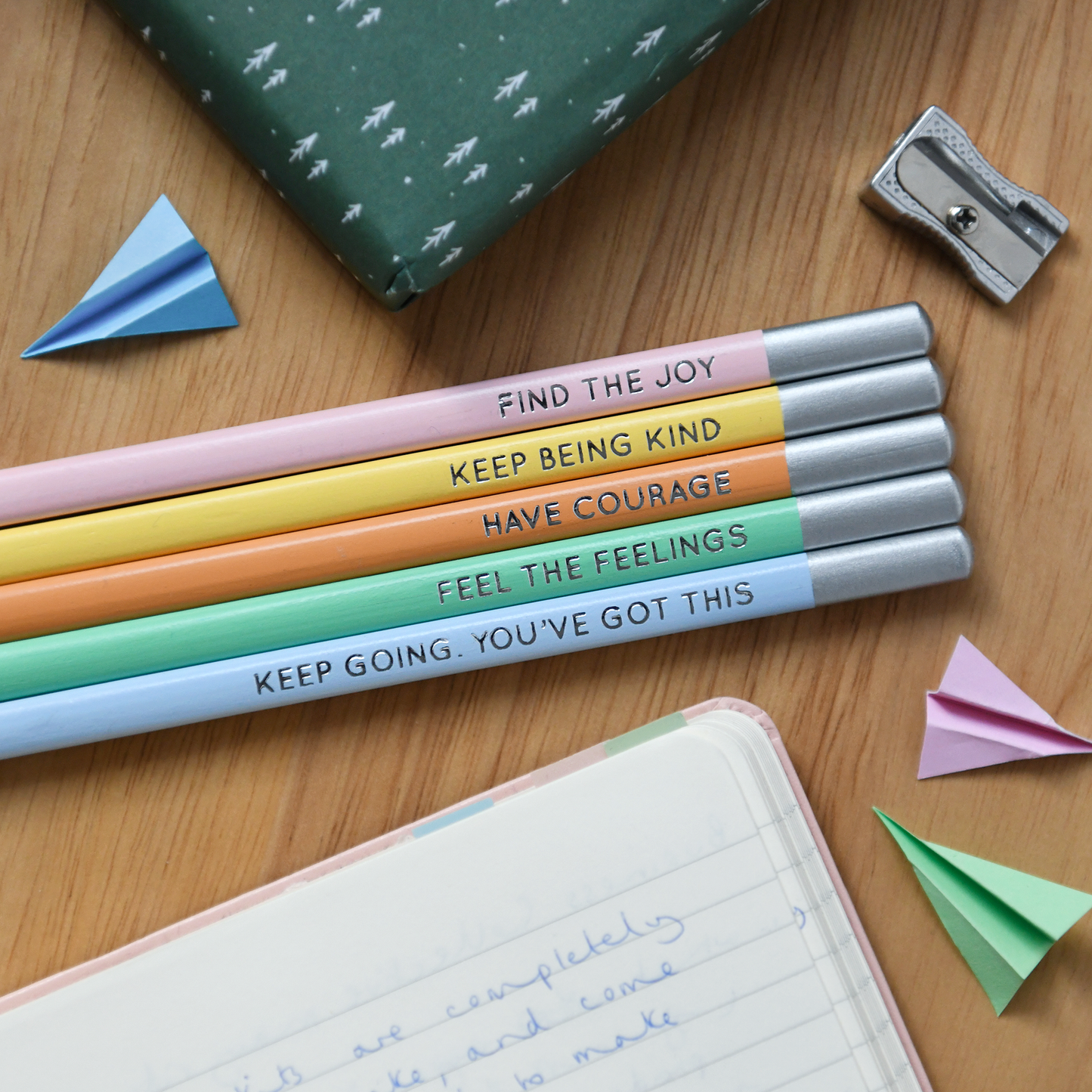 Set of five Daily Reminder positive pencils