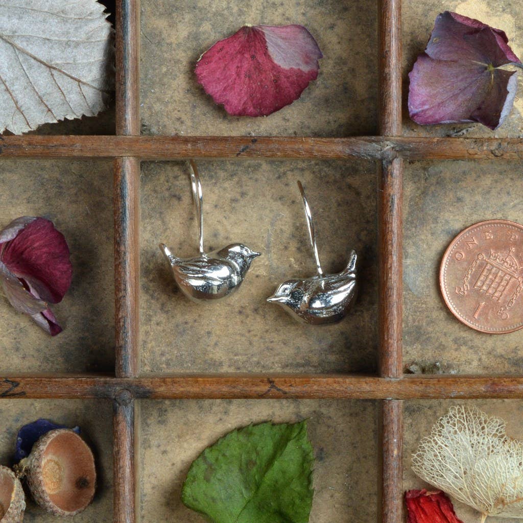 Pewter & sterling silver wren drop earrings