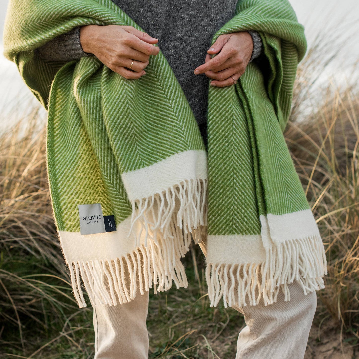 Kelp green herringbone wool blanket