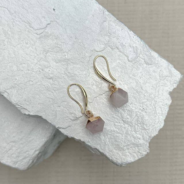 Rose quartz nugget gold plated earrings