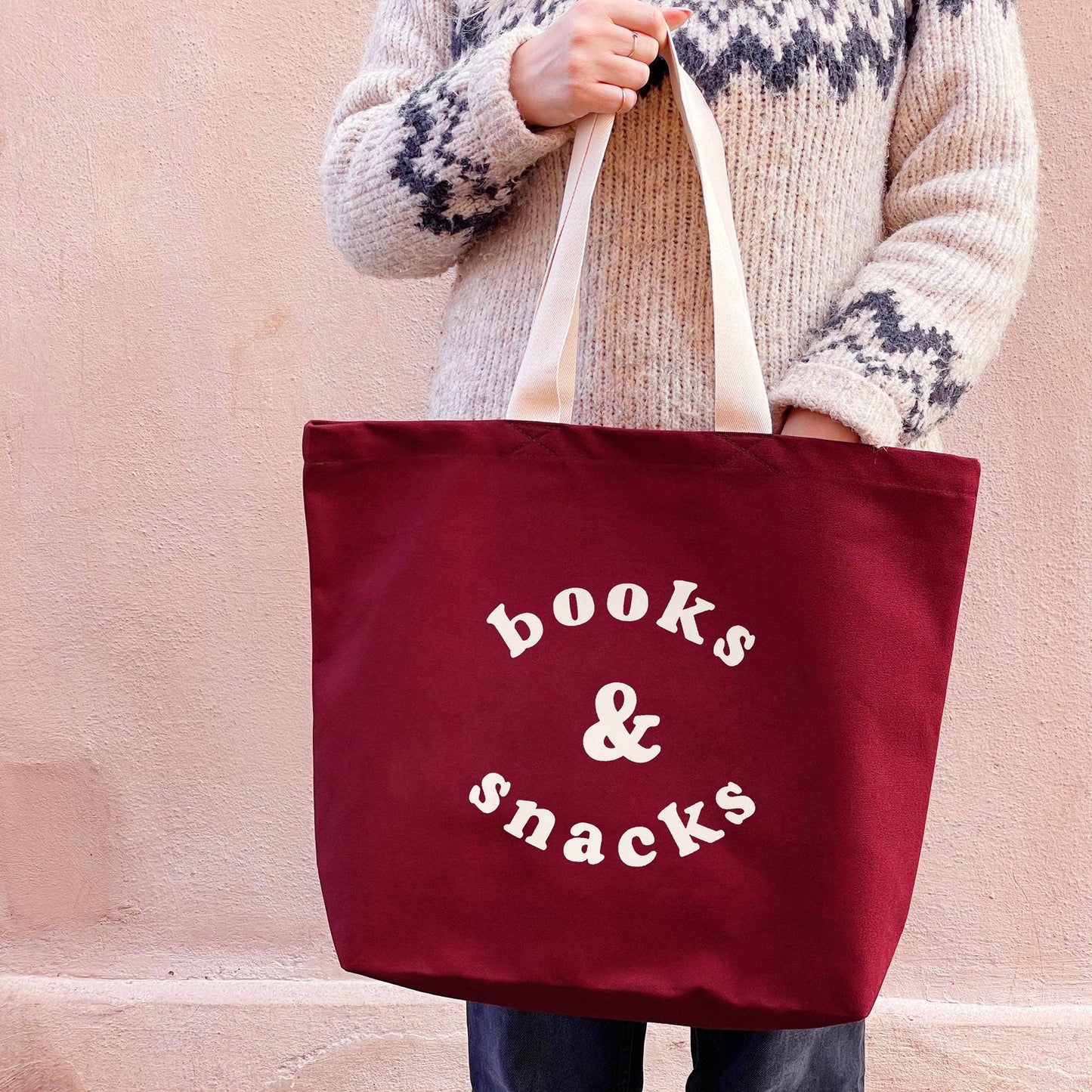 Burgundy books & snacks canvas tote bag