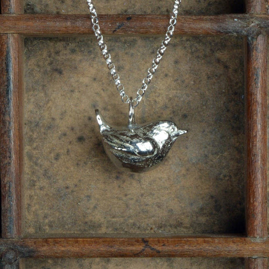 Pewter & sterling silver wren necklace