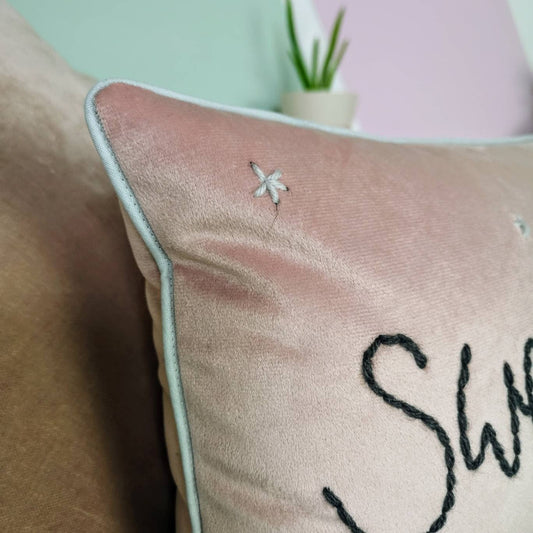 Sweet Dreams embroidered velvet cushion