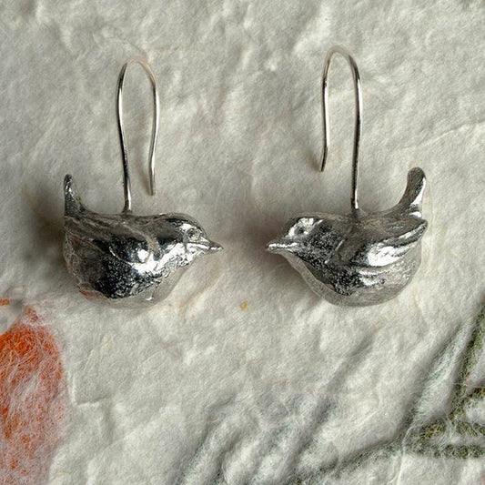 Pewter & sterling silver wren drop earrings
