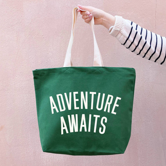 Adventure awaits forest green canvas tote bag