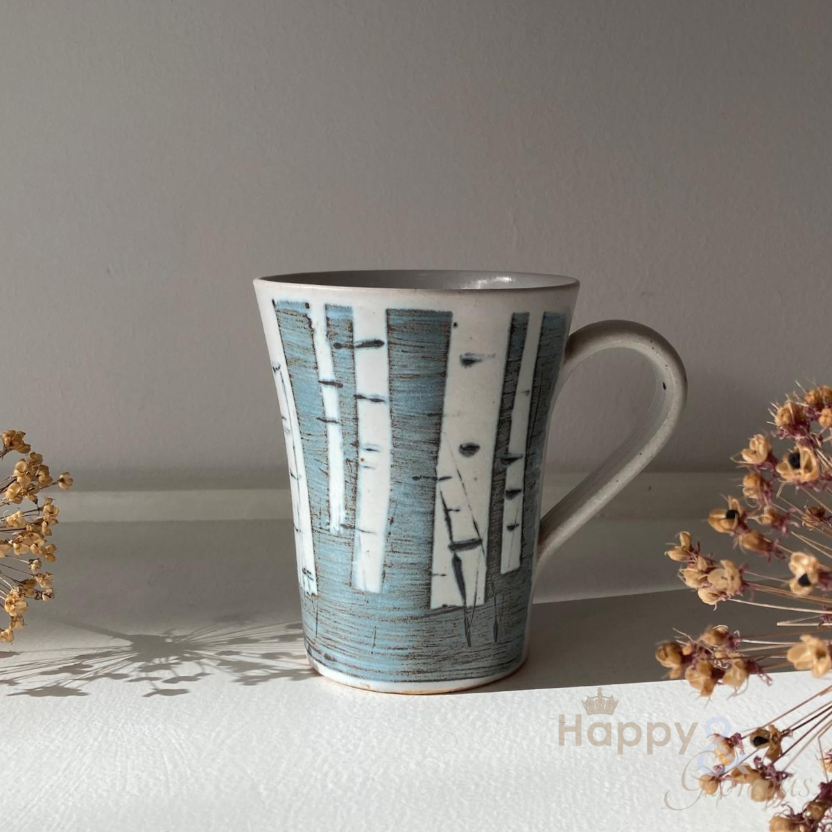 Handmade stoneware birch trees mug