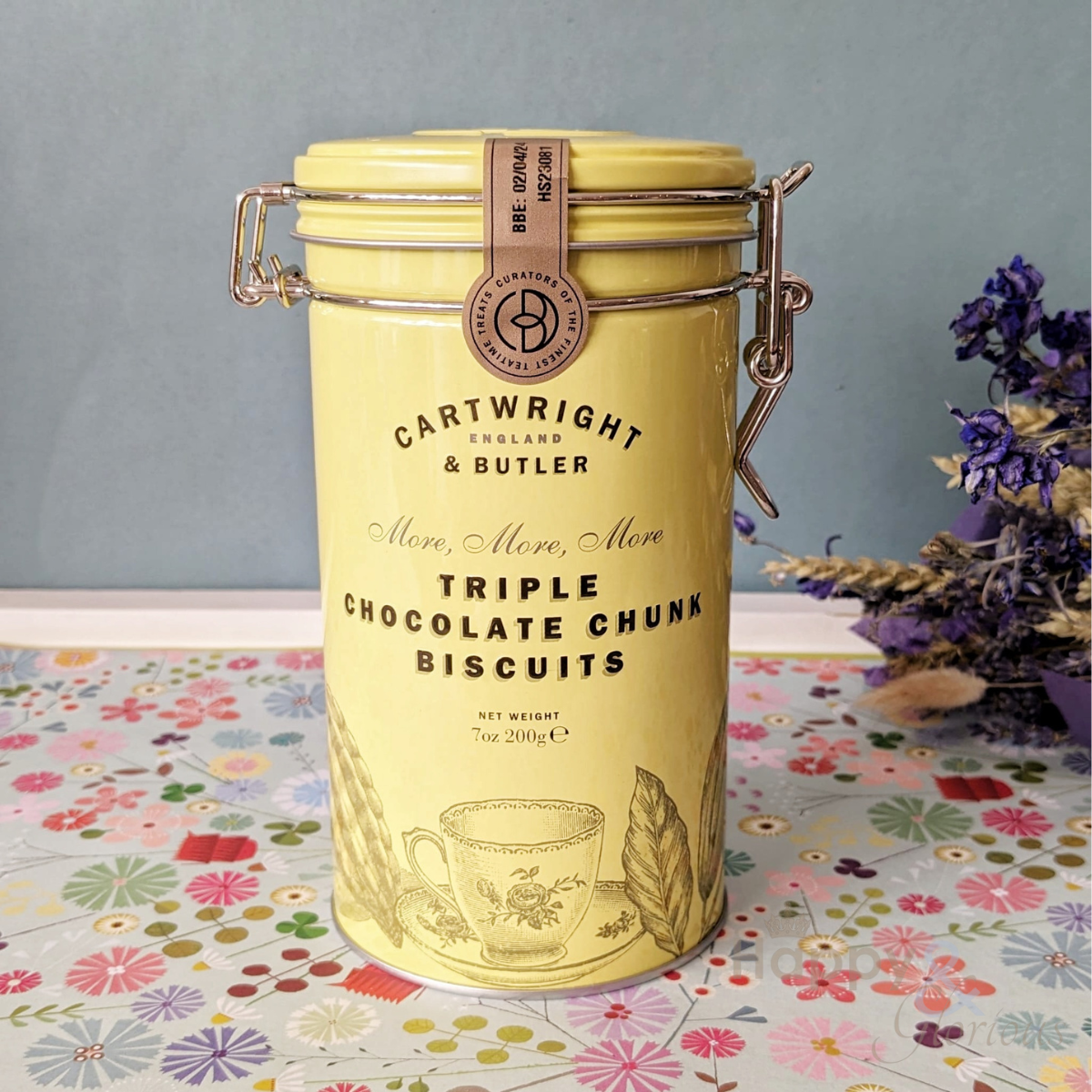 Triple chocolate chunk biscuits in vintage style tin