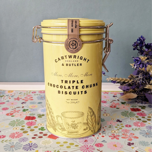 Triple chocolate chunk biscuits in vintage style tin