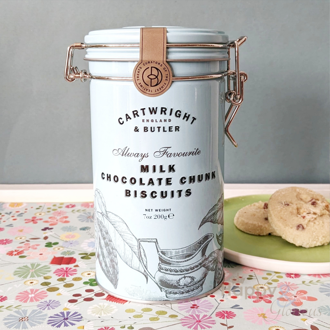Milk chocolate chunk biscuits in vintage style tin