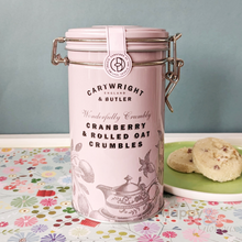 Cranberry & rolled oat crumble biscuits in vintage style tin
