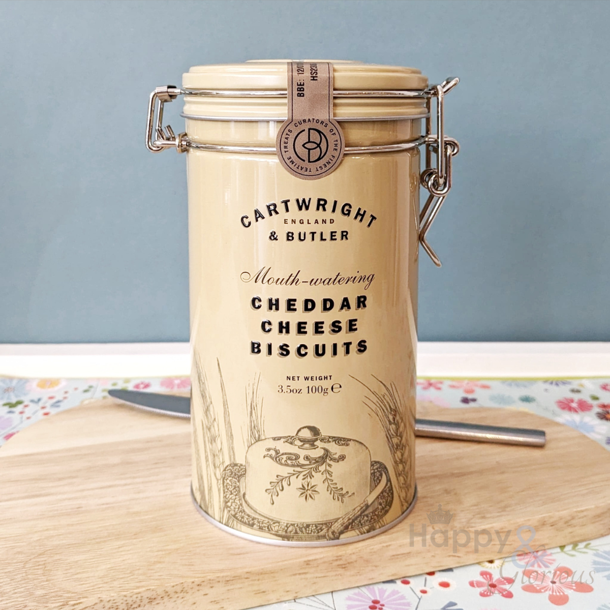 Cheddar cheese biscuits in vintage style tin