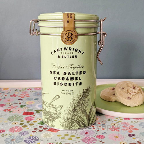 Salted caramel biscuits in vintage style tin