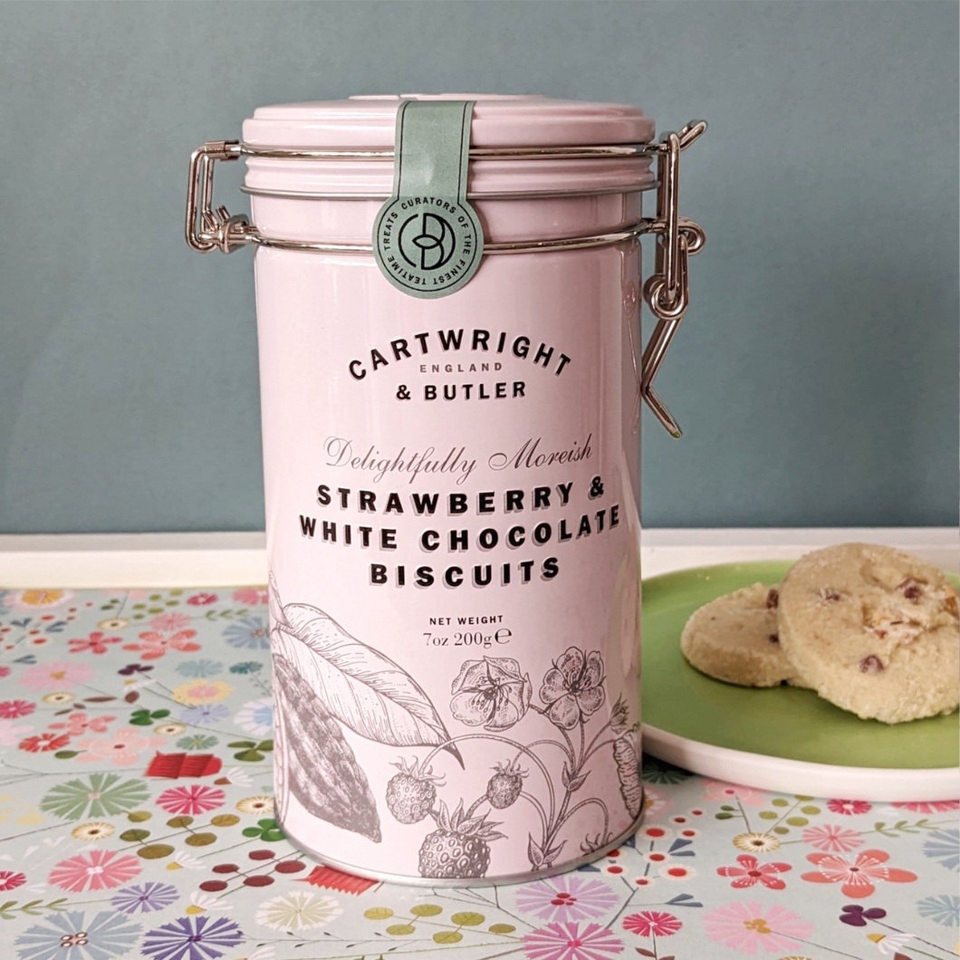 Strawberry & white chocolate biscuits in vintage style tin