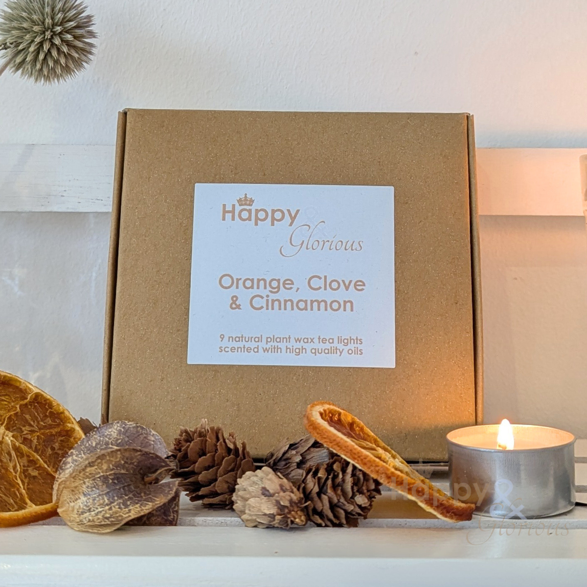 Orange, clove & cinnamon soy wax fragranced tealight candles - box of nine