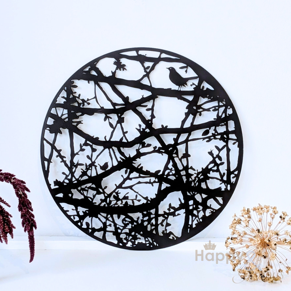 Steel hedgerow with blackbird & wren garden wall art