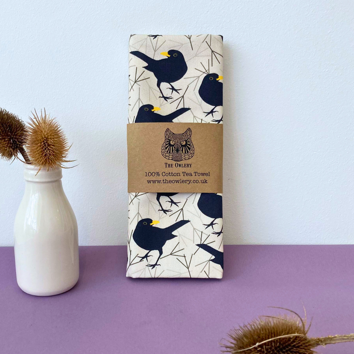 Blackbird print tea towel