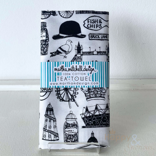 British icons black & white tea towel