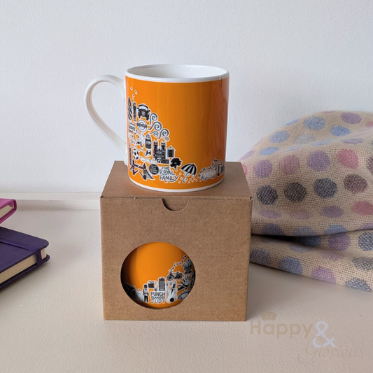 British icons bright orange mug