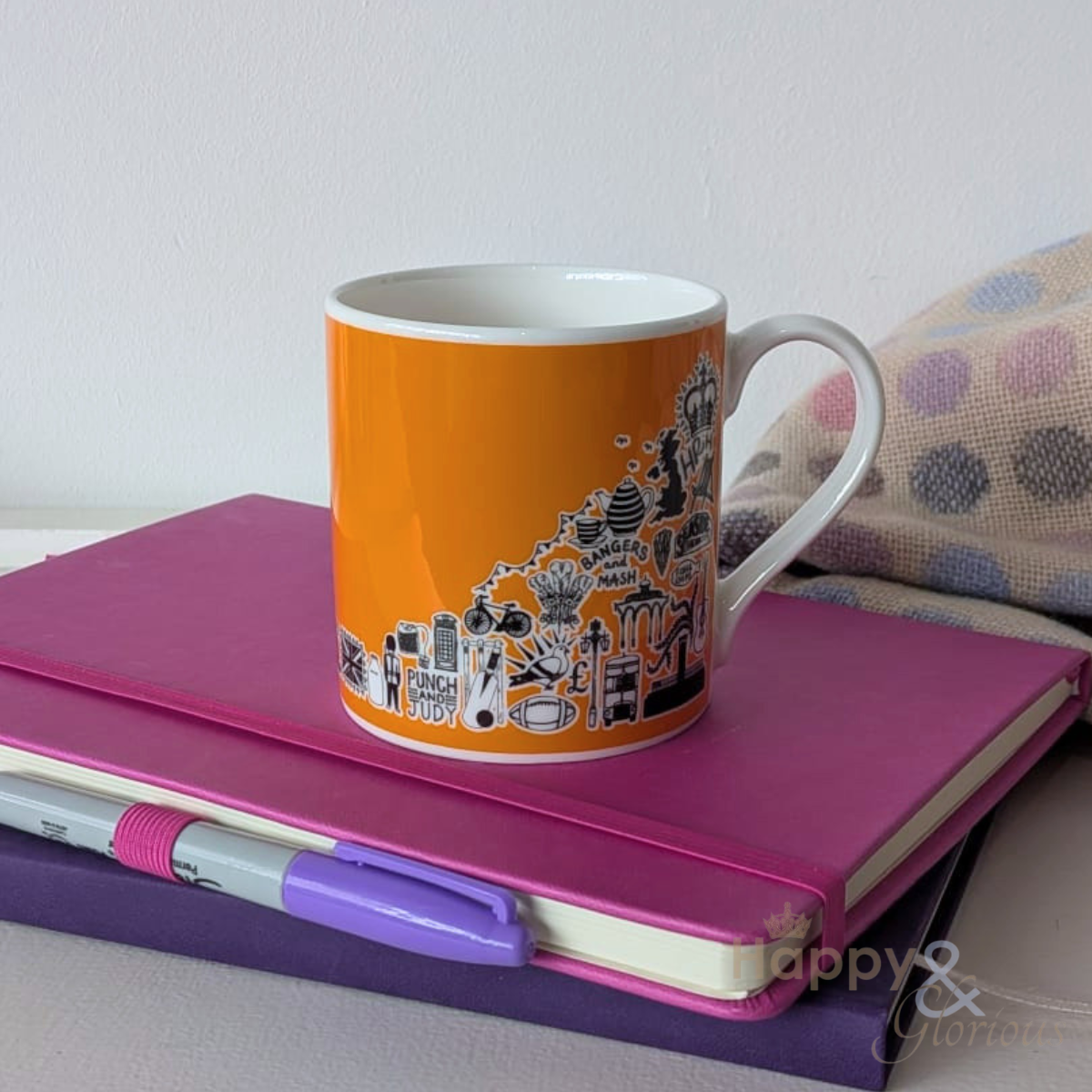 British icons bright orange mug