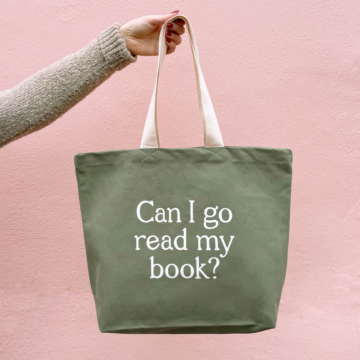 Can I go read my book? olive green cotton canvas tote bag