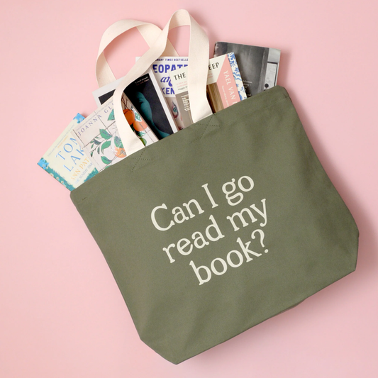 Can I go read my book? olive green cotton canvas tote bag