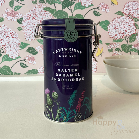 Salted caramel shortbread biscuits in vintage style tin