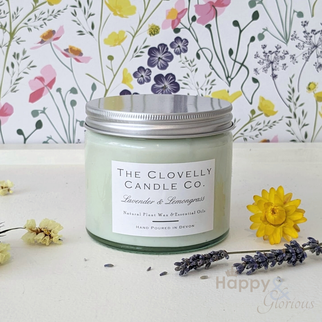 Lavender & lemongrass aromatherapy candle in large glass jar