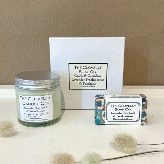 Lavender, frankincense & patchouli candle & guest soap gift set