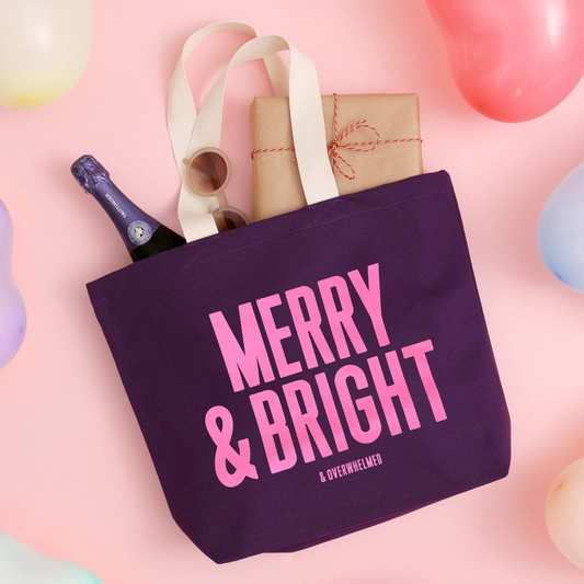Purple merry & bright (& overwhelmed) canvas tote bag