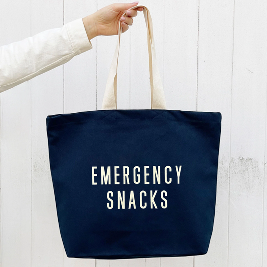 Midnight blue emergency snacks canvas tote bag