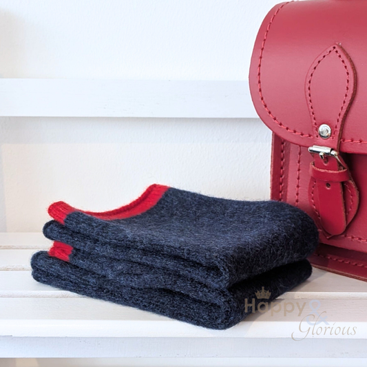 Navy blue felted merino wool wristwarmer gloves with red