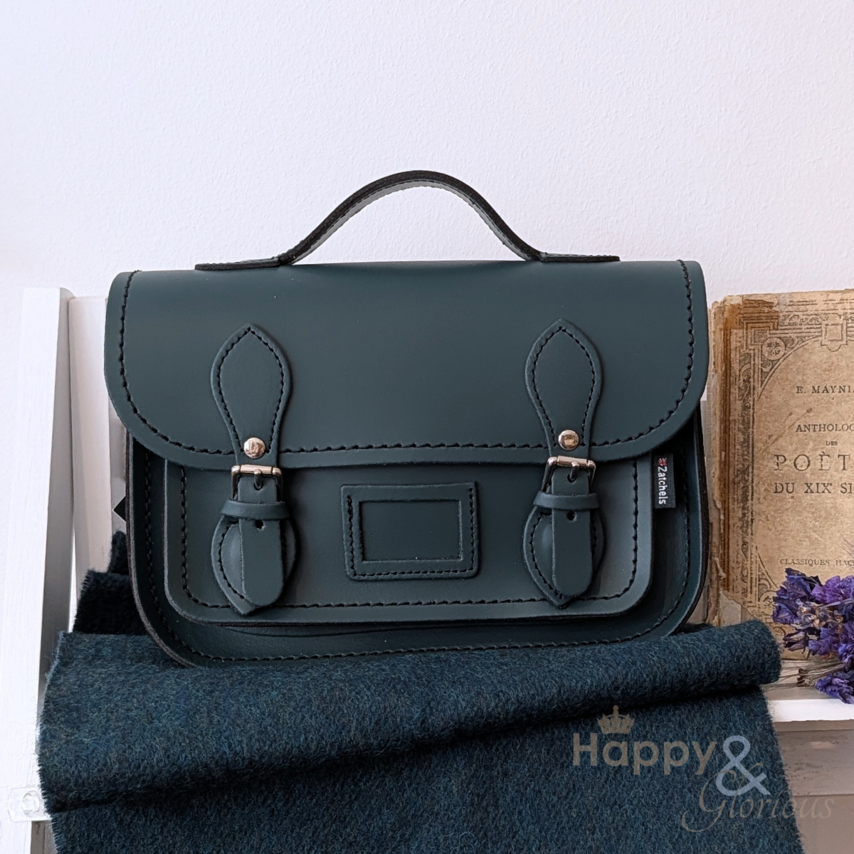 Handmade pine green leather midi satchel