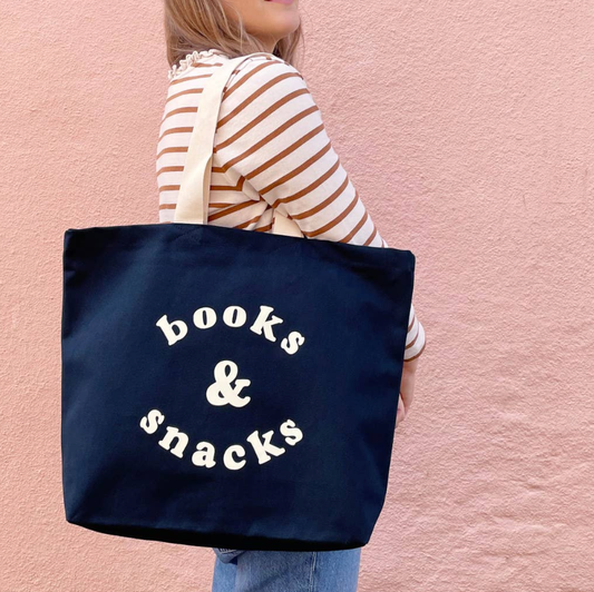 Midnight blue books & snacks canvas tote bag