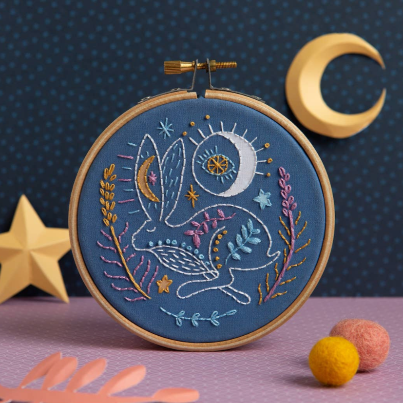 Celestial hare mini hoop embroidery kit