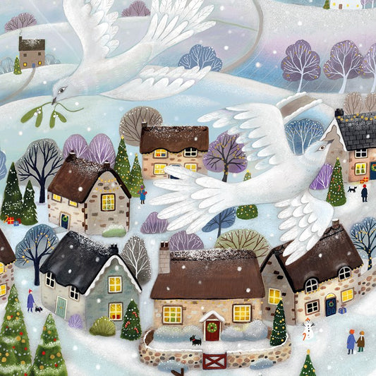 Doves over village charity Christmas cards - pack of six