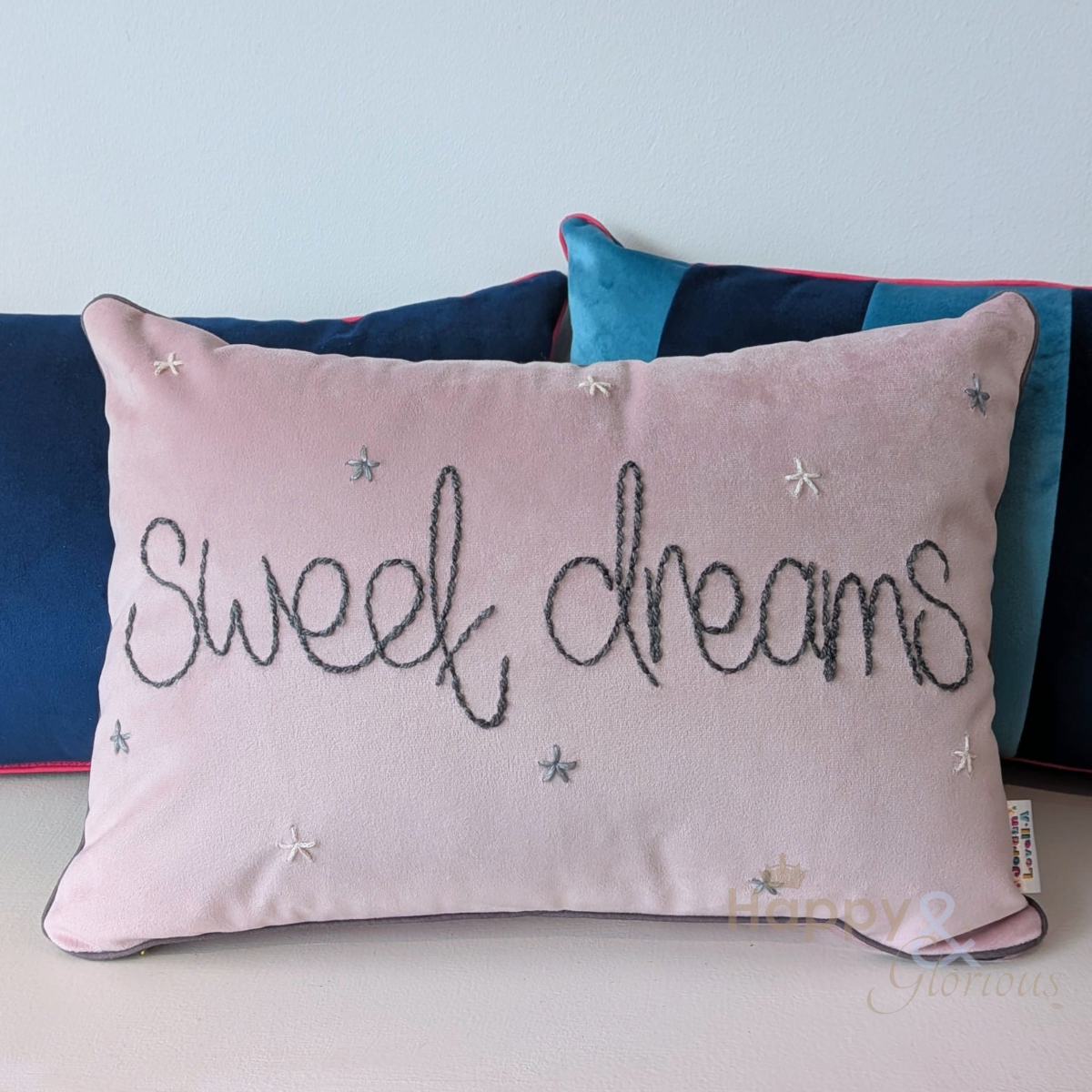 Sweet Dreams embroidered velvet cushion