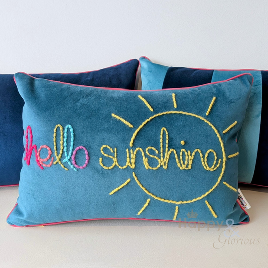 Hello Sunshine teal embroidered velvet cushion