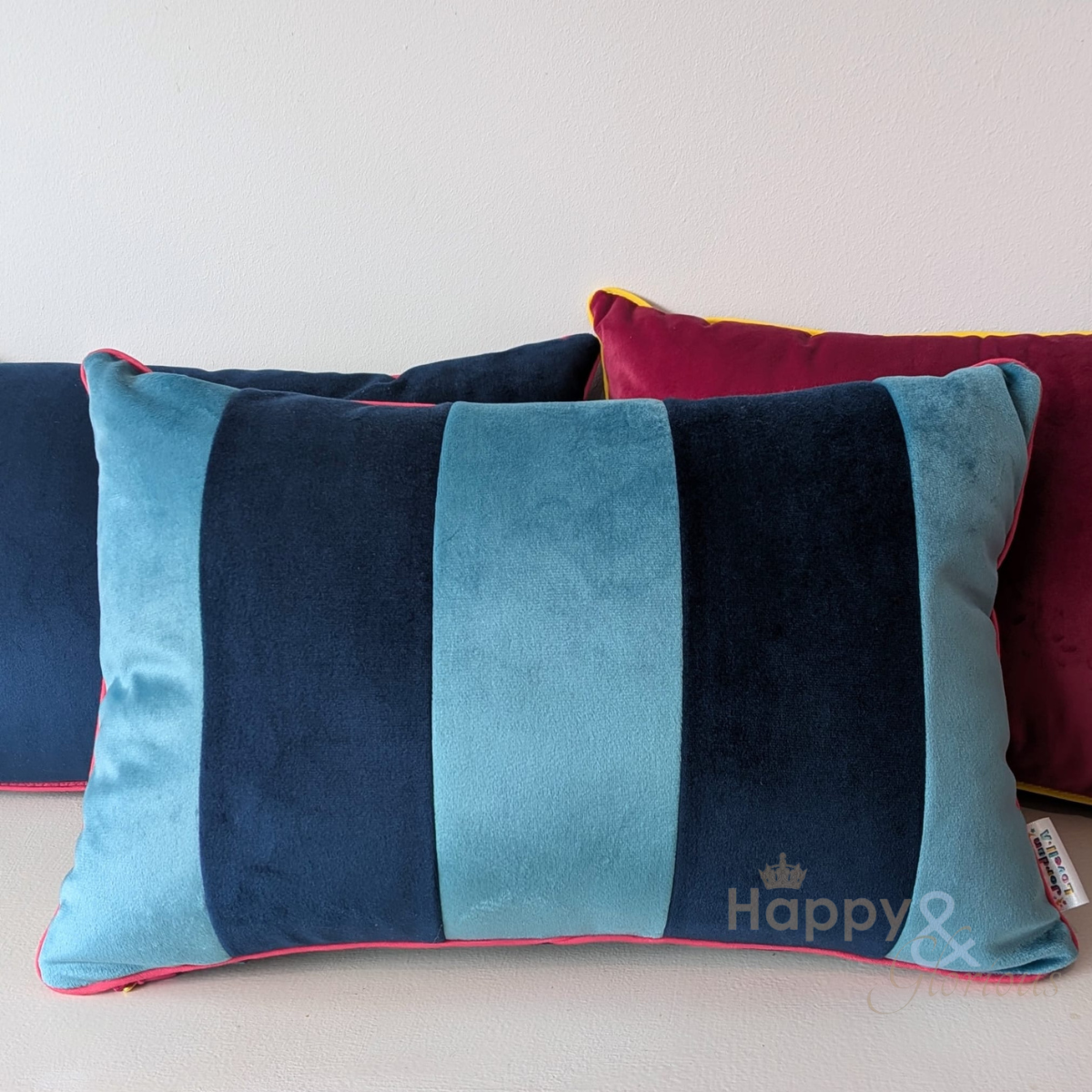 Teal Stripe velvet cushion