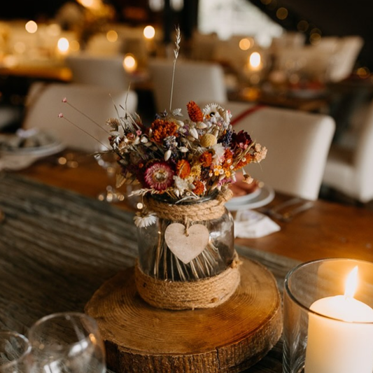 Dried flower wedding jam jar posy