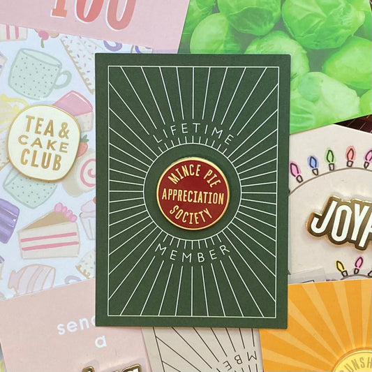 Mince pie appreciation society red positive Christmas pin badge