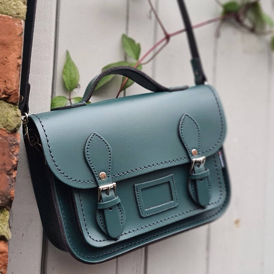 Handmade pine green leather midi satchel
