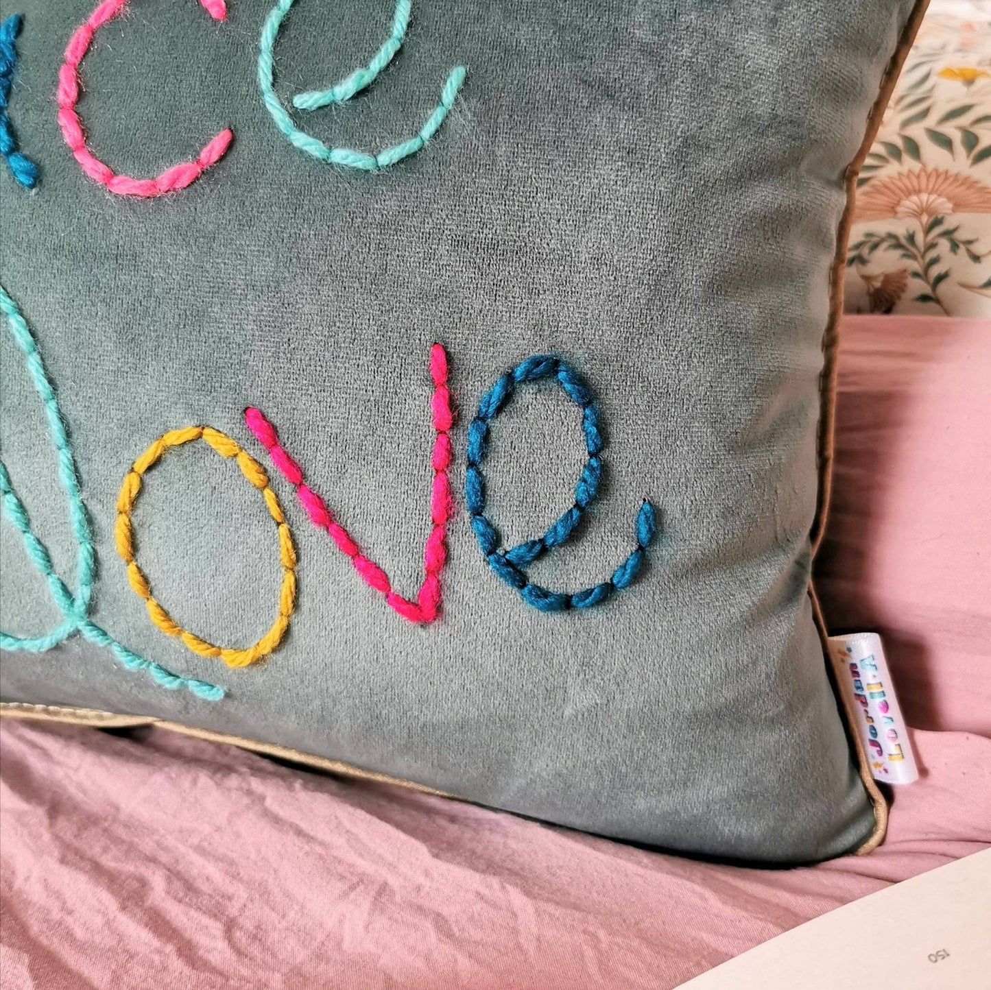 Peace & Love embroidered velvet cushion