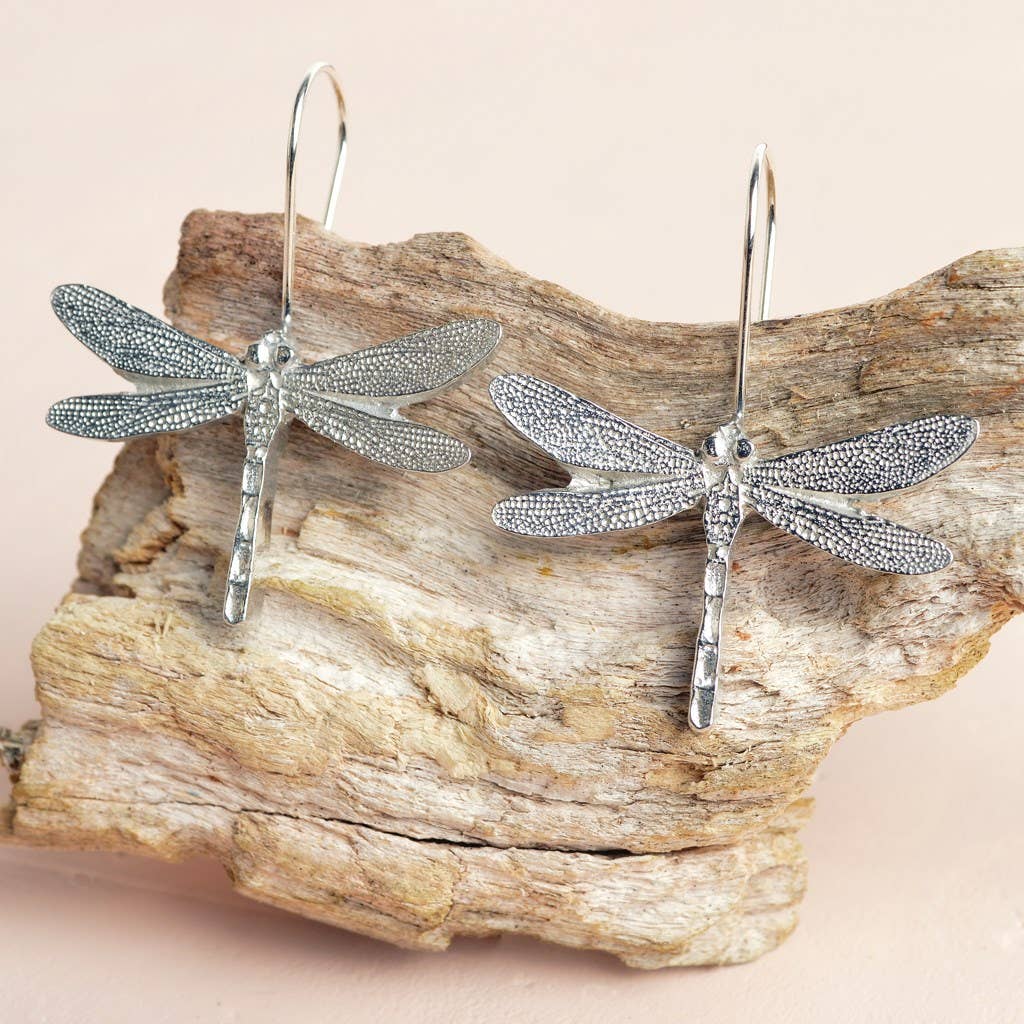 Pewter & sterling silver dragonfly drop earrings
