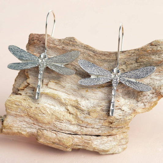 Pewter & sterling silver dragonfly drop earrings