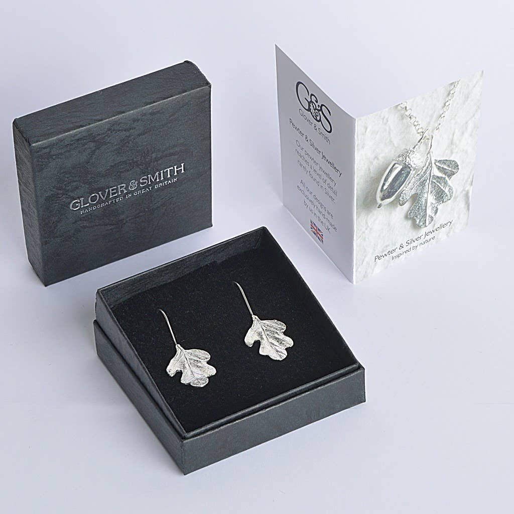 Pewter & sterling silver oak leaf drop earrings